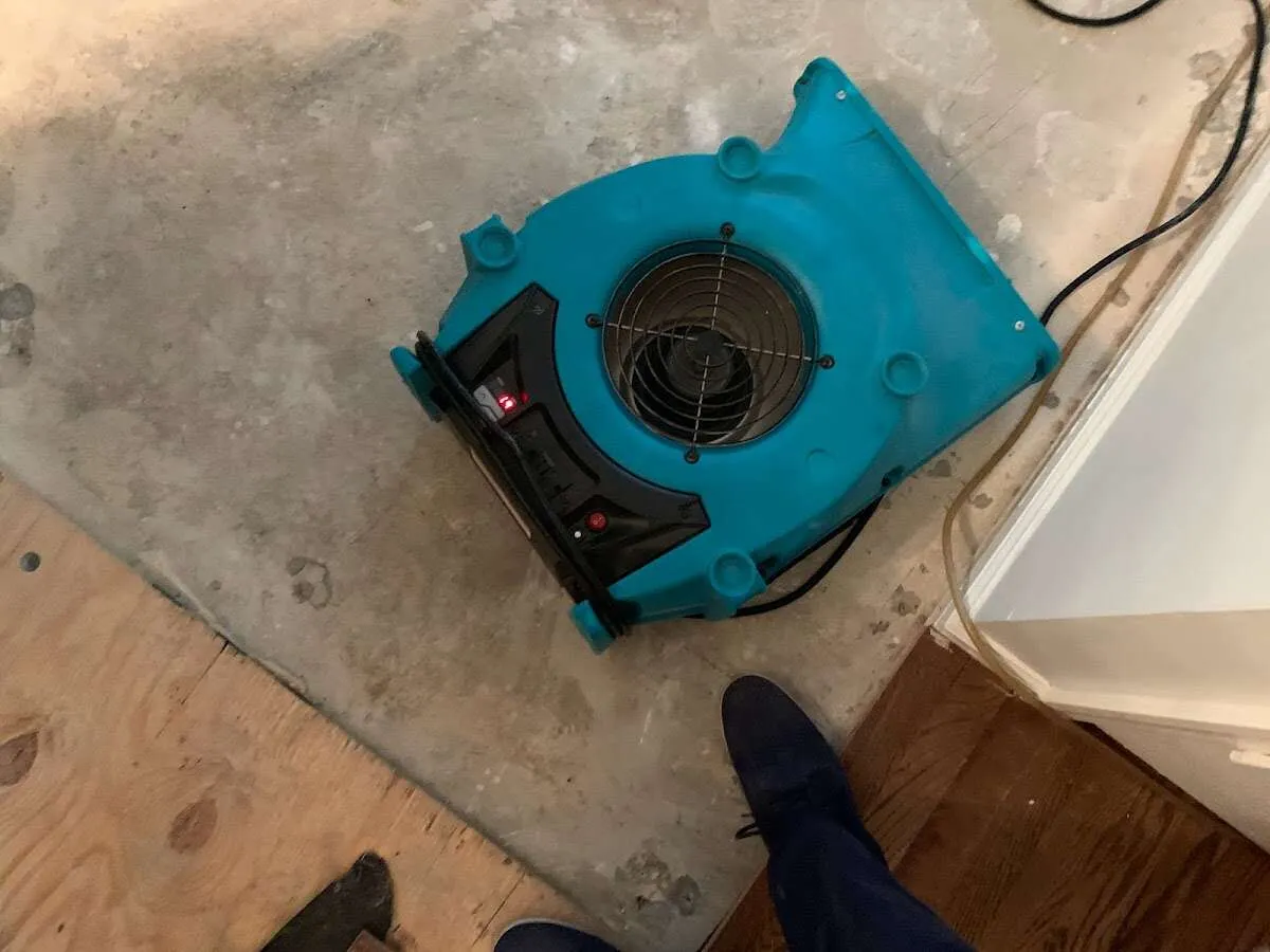 Air mover drying subfloor during Commercial Water Damage Restoration in Westbrook