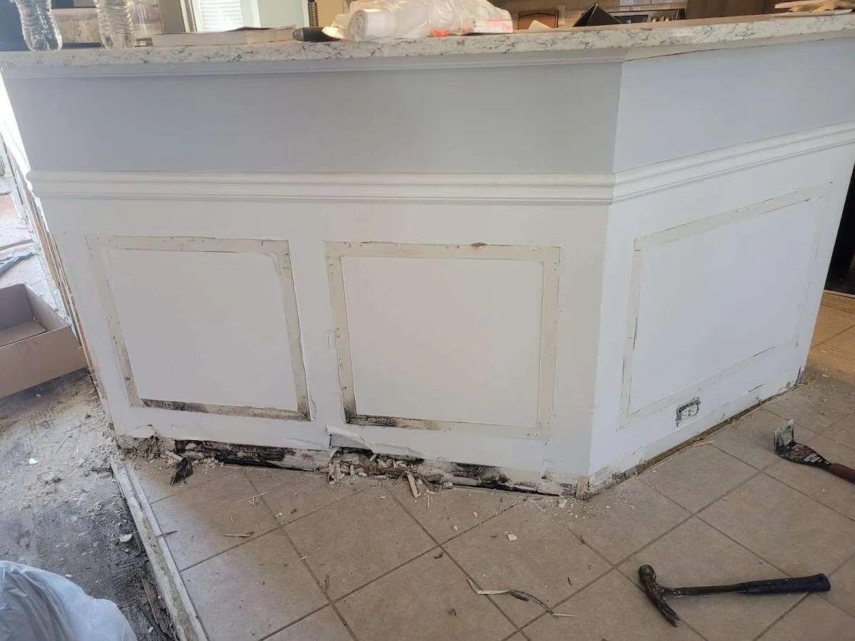 Water damage and mold on kitchen during Storm Damage Restoration in Westbrook
